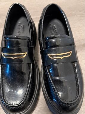 ASOS Black Patent Loafers with Gold Accent